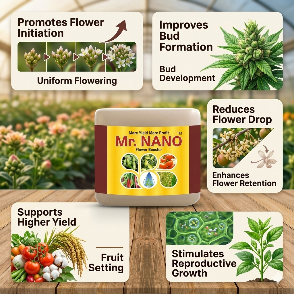 increase flower production, reduce flower dropping, fruit setting, increase quality of crop 