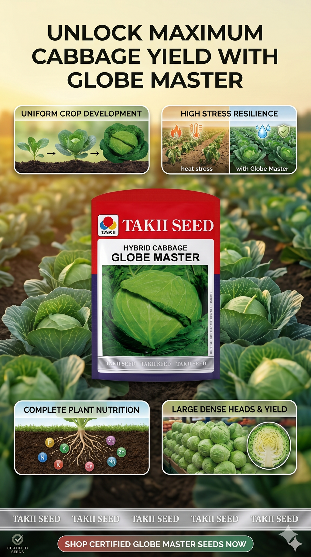Hybrid Cabbage Globe Master F1 Seeds | High Yield Large Round Green Cabbage Variety